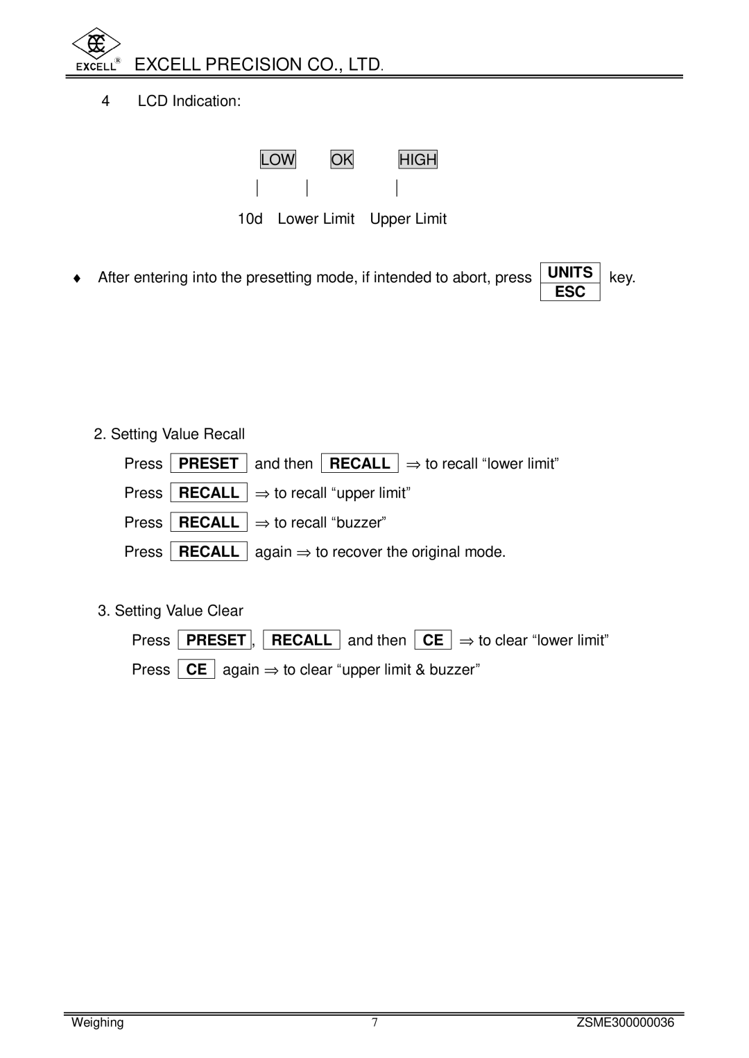 Excell Precision www.excell.com.tw/excell_en/uploads/product/200712 user manual Units ESC, Preset Recall 