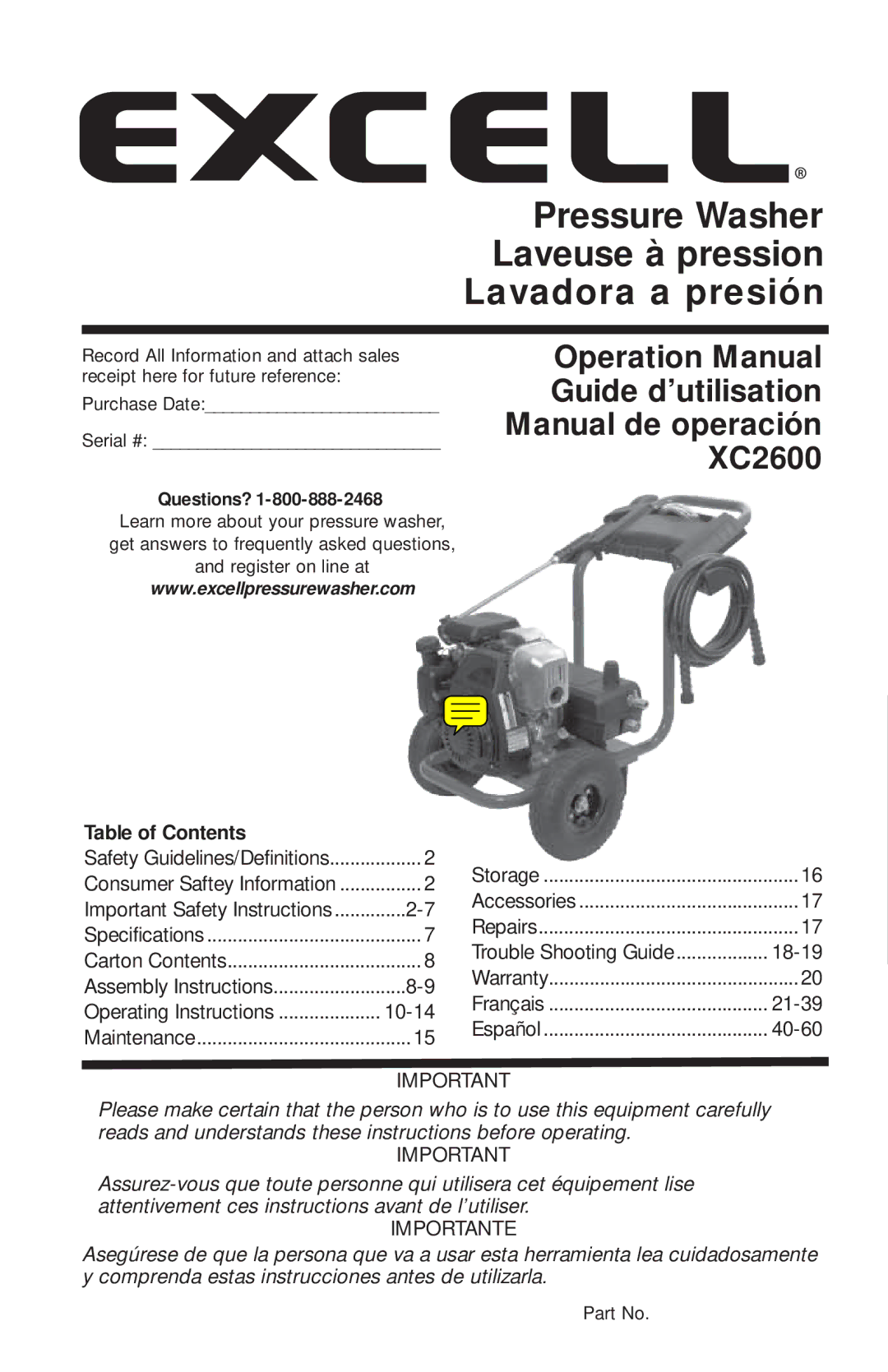 Excell Precision XC2600 operation manual Pressure Washer Laveuse à pression Lavadora a presión 