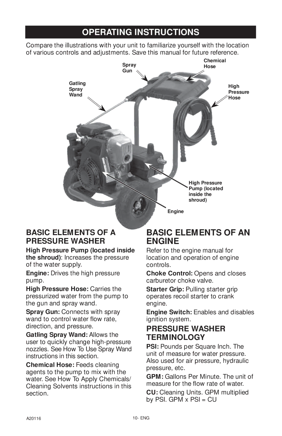 Excell Precision XC2600 operation manual Operating Instructions, Engine Drives the high pressure pump 