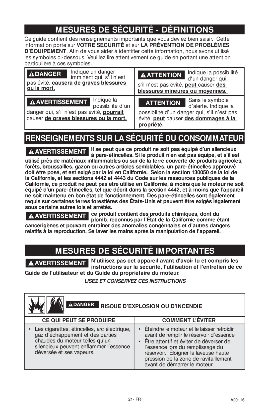 Excell Precision XC2600 operation manual Mesures DE Sécurité Définitions, Renseignements SUR LA Sécurité DU Consommateur 