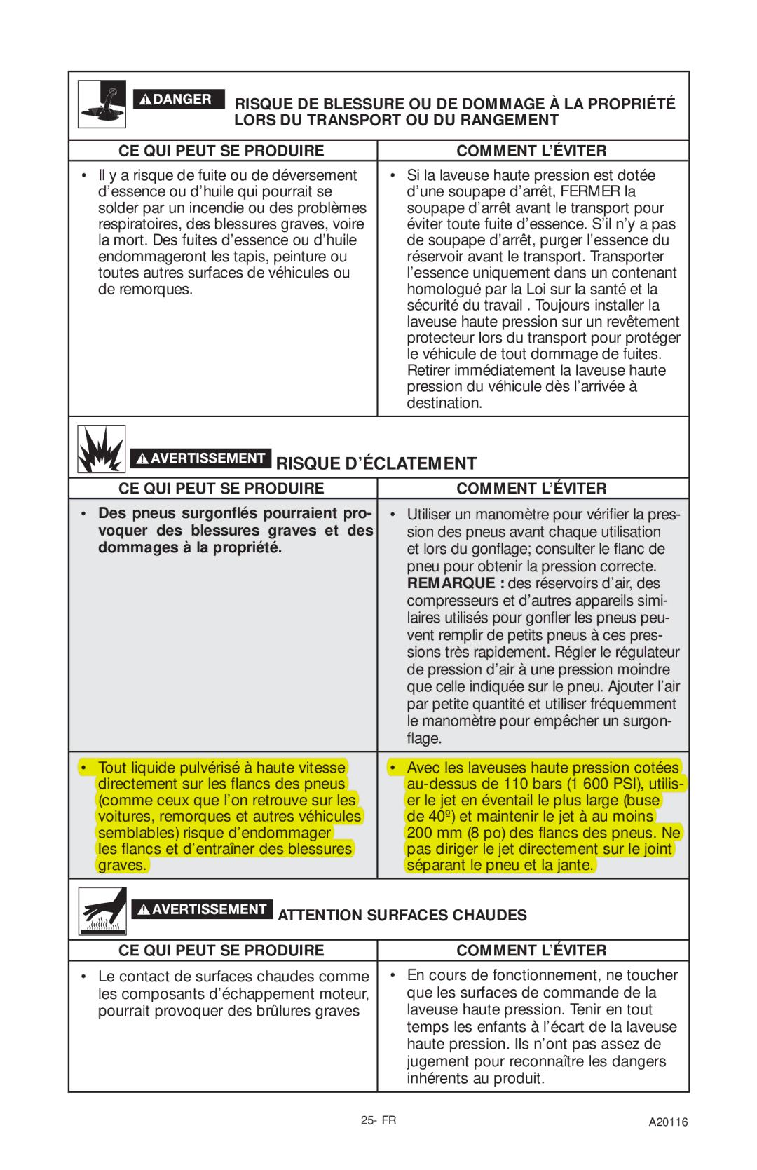 Excell Precision XC2600 operation manual Risque D’ÉCLATEMENT, Dommages à la propriété 