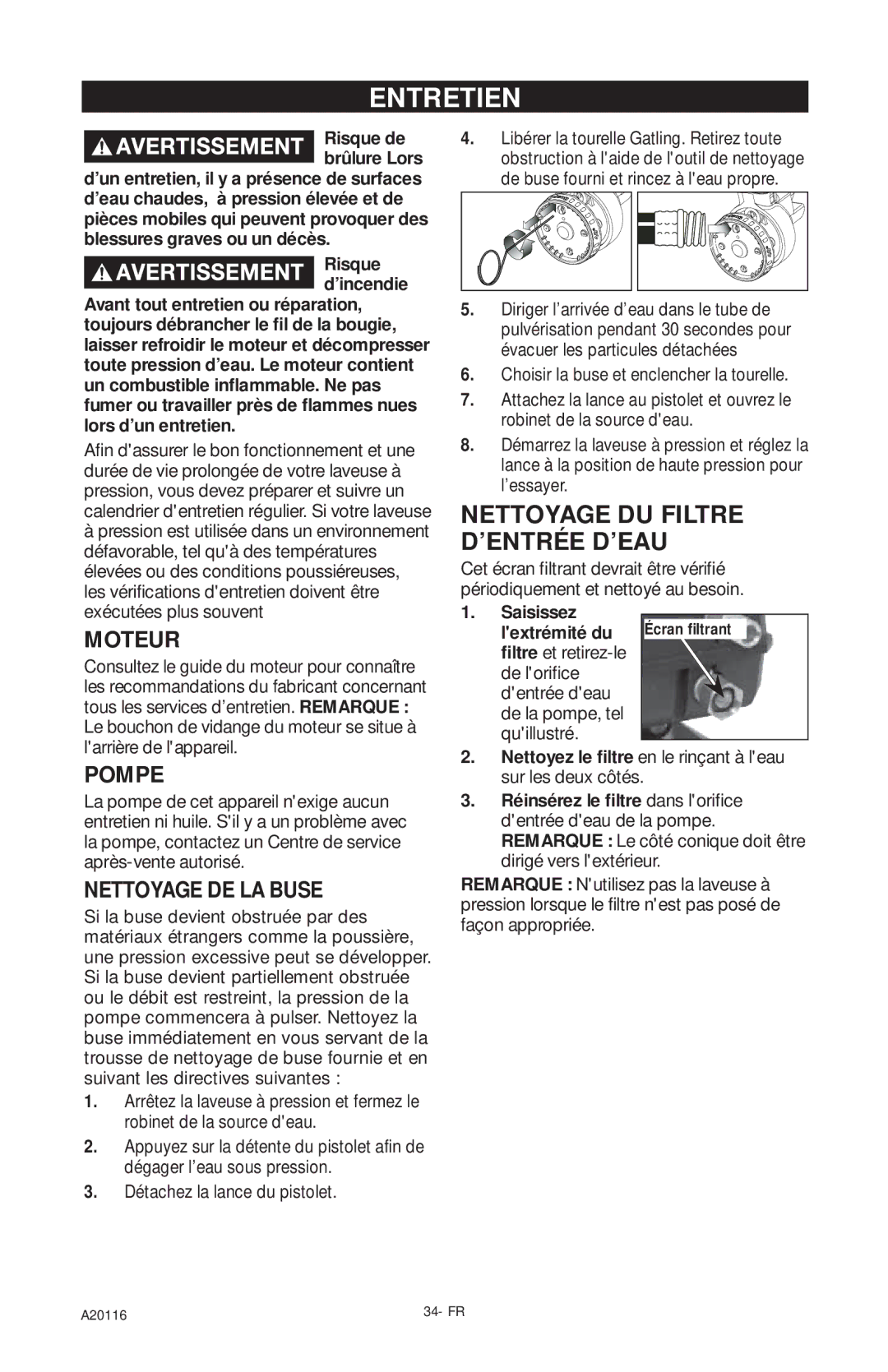 Excell Precision XC2600 operation manual Entretien, Moteur, Pompe, Nettoyage DE LA Buse 