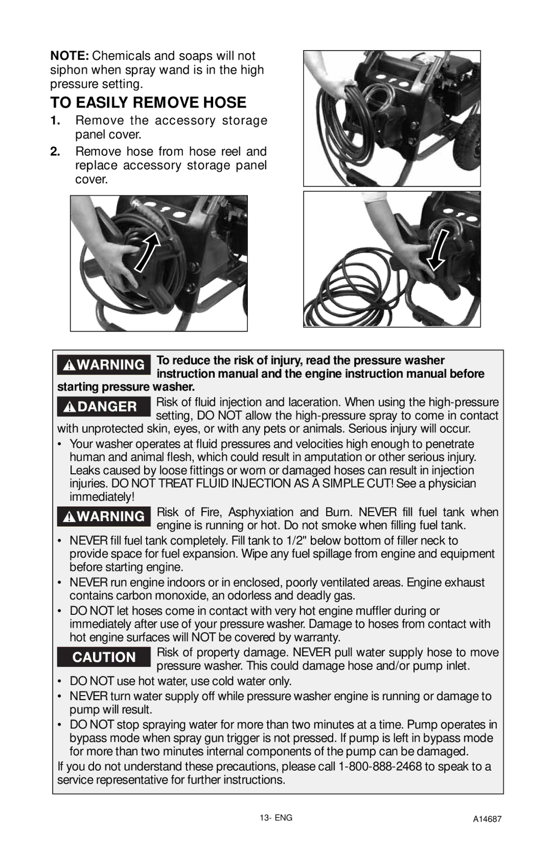 Excell Precision XR2625 operation manual To Easily Remove Hose, Starting pressure washer 