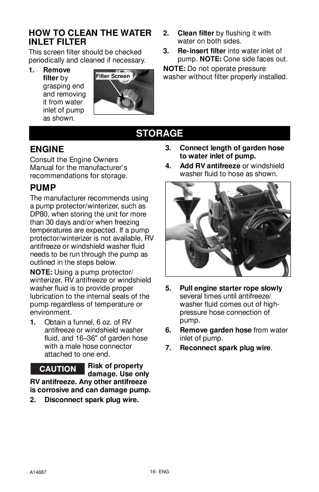 Excell Precision XR2625 operation manual Storage, HOW to Clean the Water Inlet Filter, Engine 