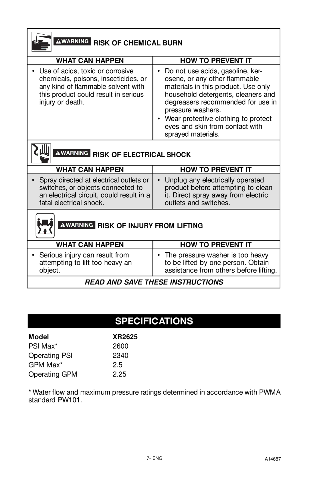 Excell Precision XR2625 operation manual Specifications, Risk of Chemical Burn What can Happen HOW to Prevent IT 