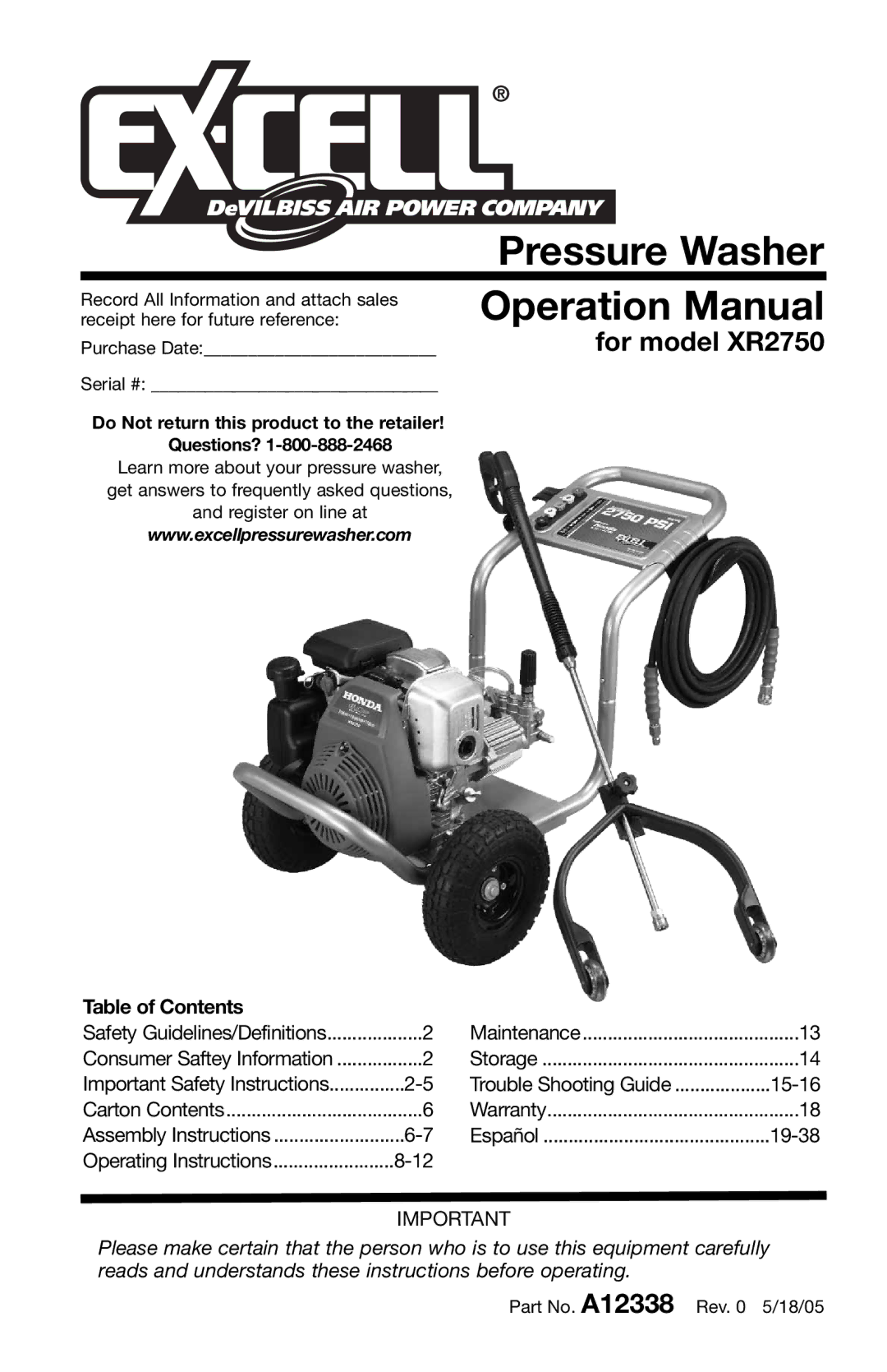 Excell Precision XR2750 operation manual Pressure Washer, Table of Contents 