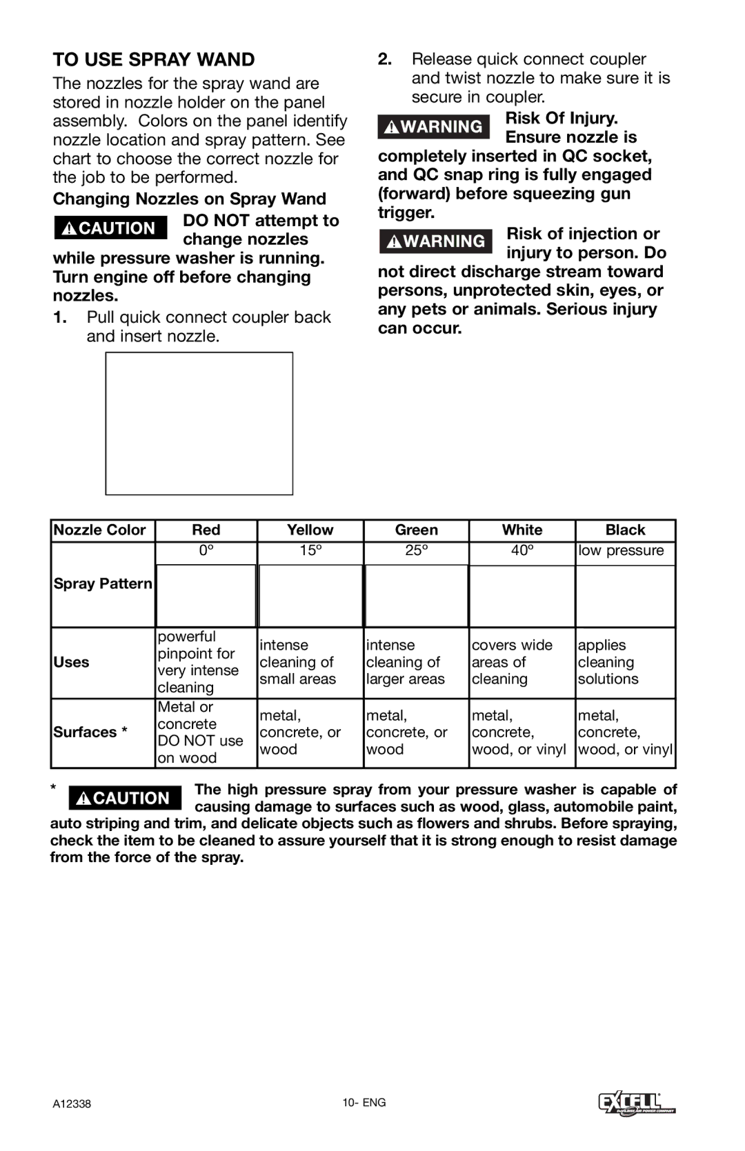 Excell Precision XR2750 operation manual To USE Spray Wand, Nozzle Color Red Yellow Green White Black, Uses, Surfaces 