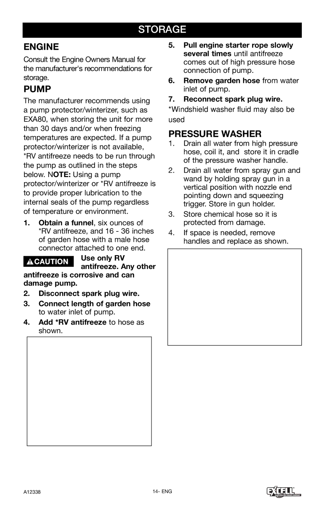 Excell Precision XR2750 operation manual Storage, Engine, Pressure Washer, Reconnect spark plug wire 