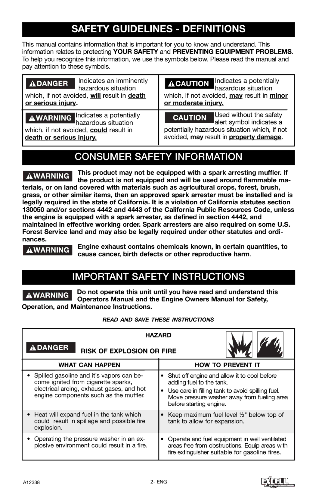 Excell Precision XR2750 Consumer Safety Information, Important Safety Instructions, Risk of Explosion or Fire 