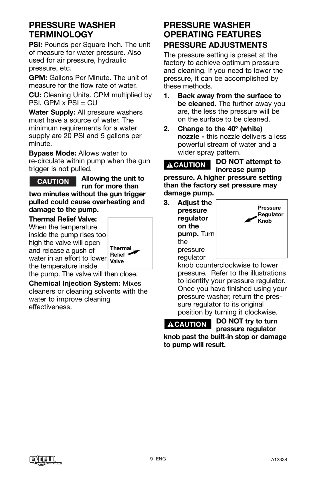 Excell Precision XR2750 operation manual Pressure Washer Terminology, Pressure Adjustments 