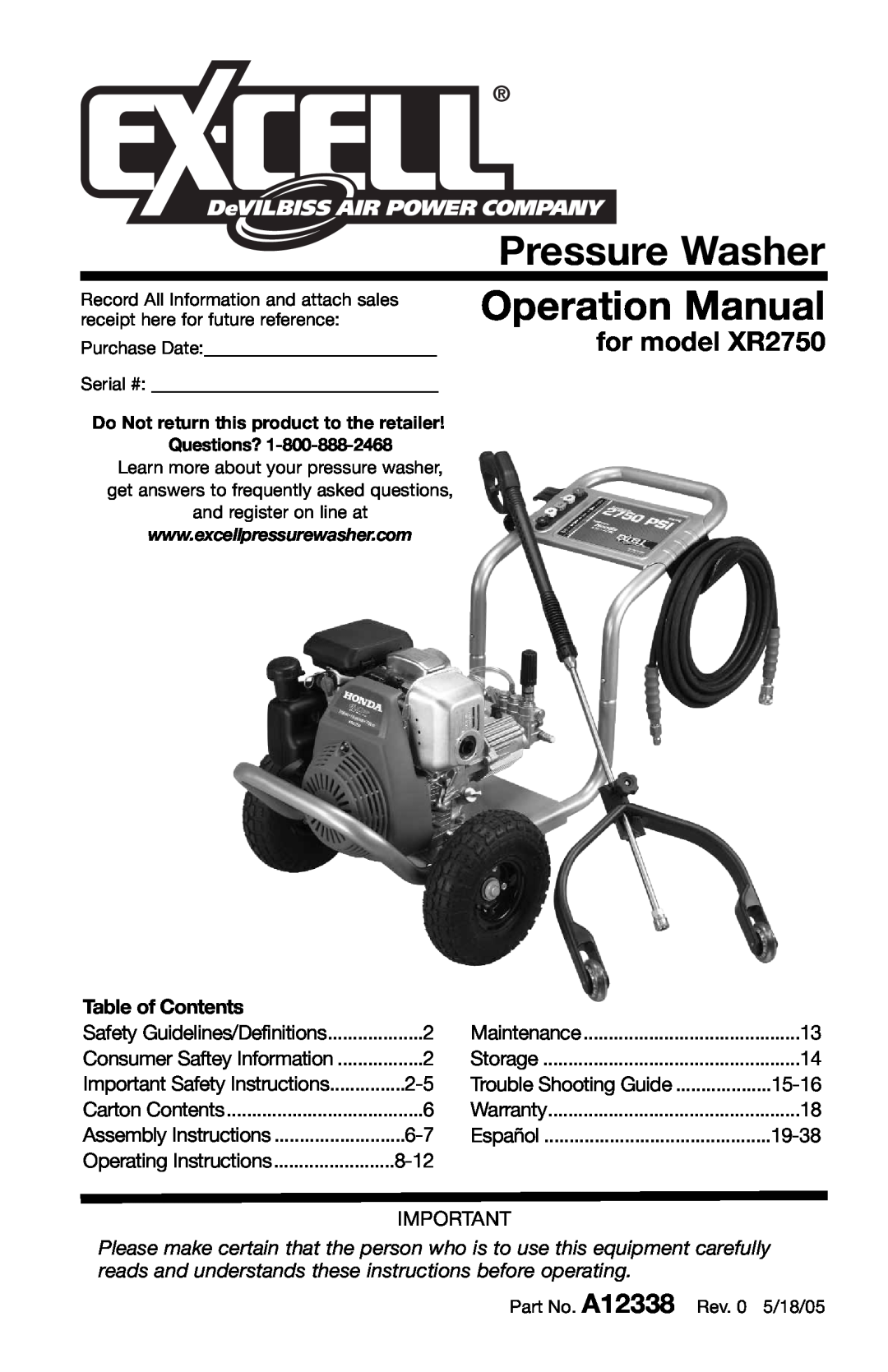 Excell Precision operation manual Pressure Washer, Operation Manual, for model XR2750 