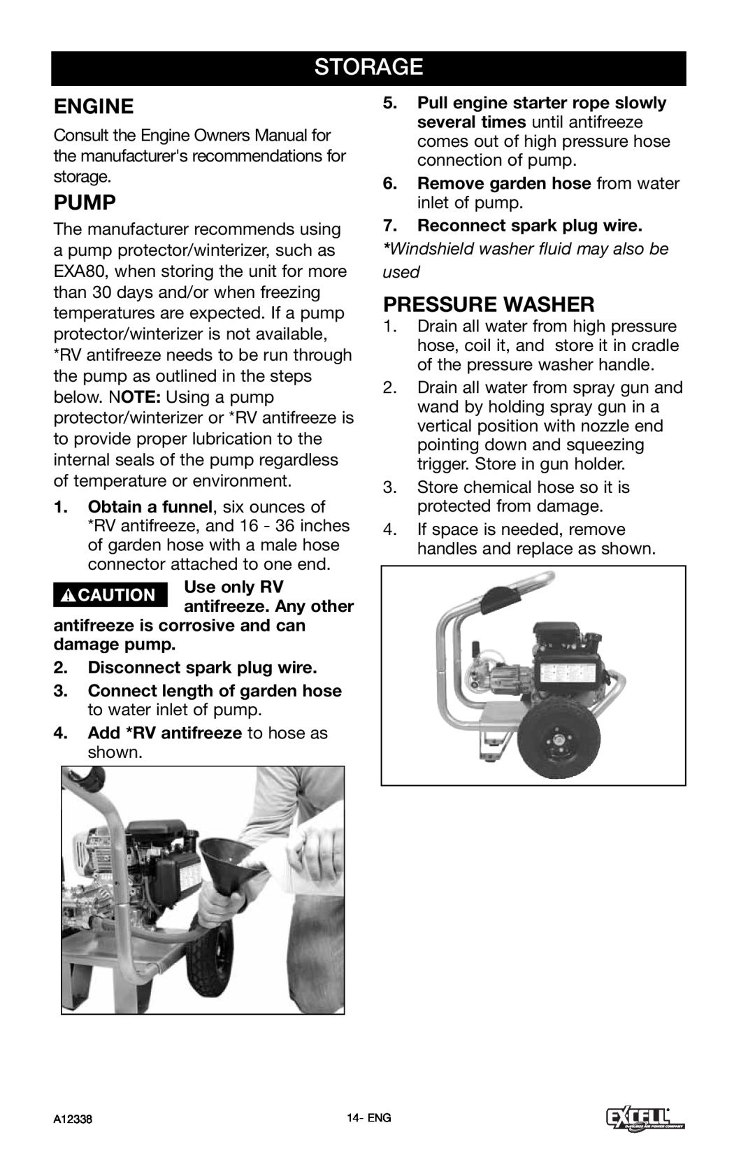 Excell Precision XR2750 operation manual Storage, Pressure Washer, Windshield washer fluid may also be used, Engine, Pump 