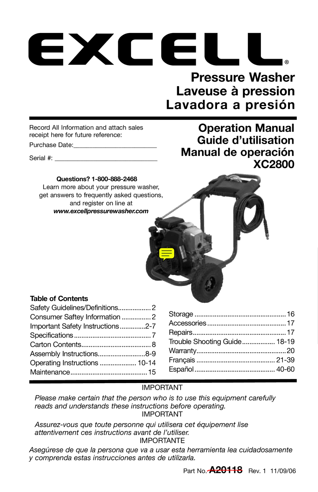 Excello Products Company XC2800 operation manual Pressure Washer Laveuse à pression Lavadora a presión 