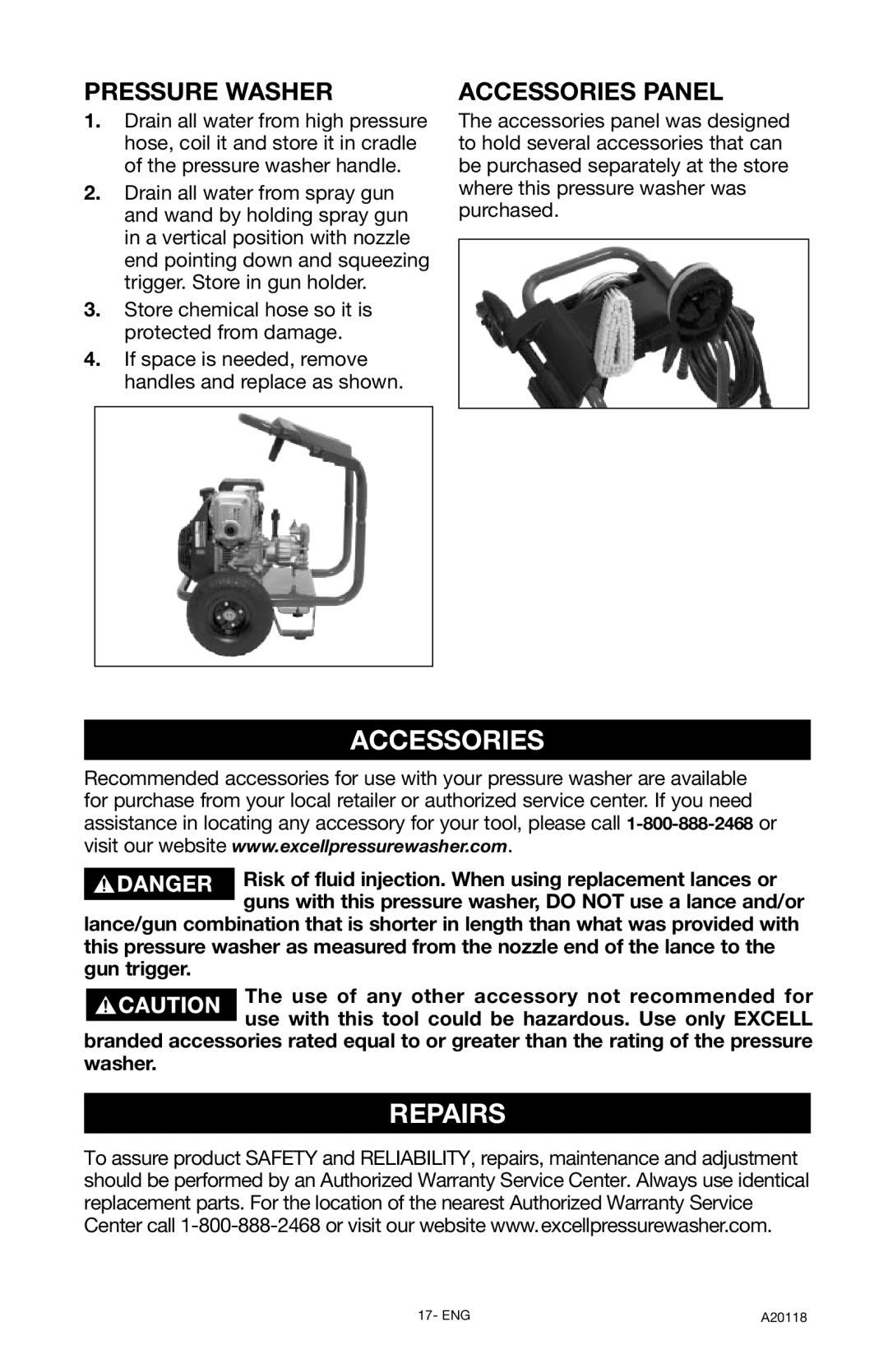 Excello Products Company XC2800 operation manual Repairs, Pressure Washer, Accessories Panel 