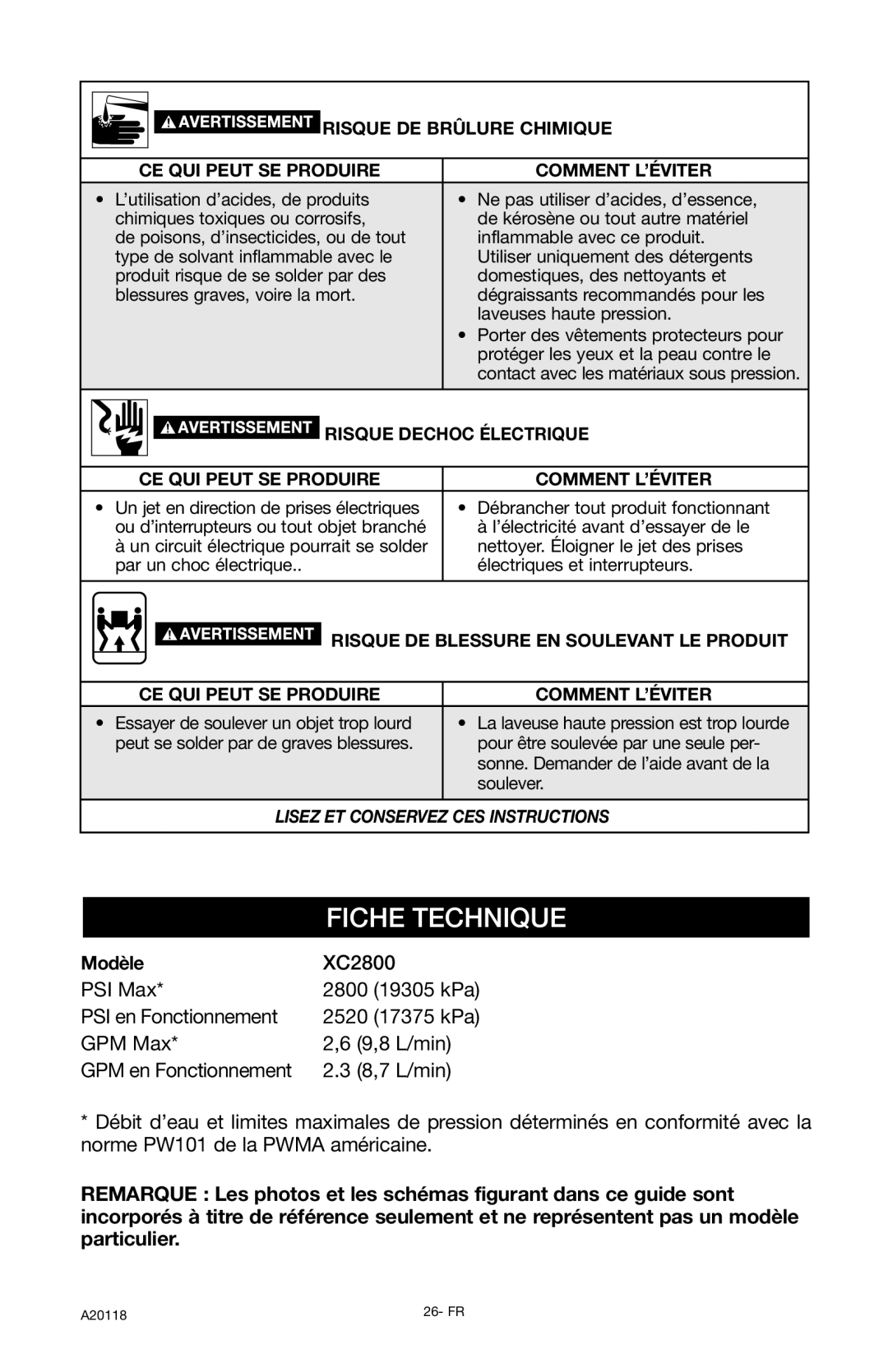 Excello Products Company XC2800 operation manual Fiche Technique, Modèle 