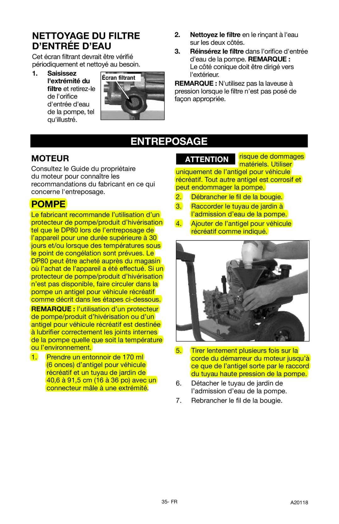 Excello Products Company XC2800 operation manual Entreposage, Pompe 