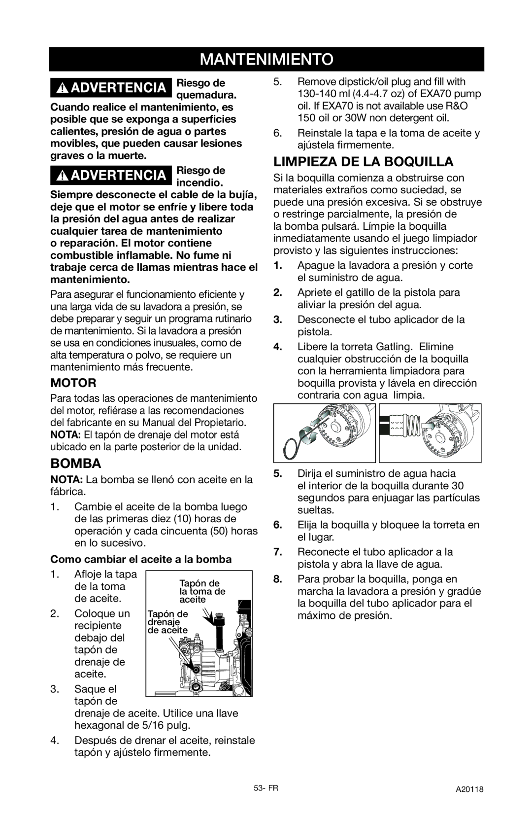 Excello Products Company XC2800 operation manual Bomba, Limpieza DE LA Boquilla, Motor, Como cambiar el aceite a la bomba 