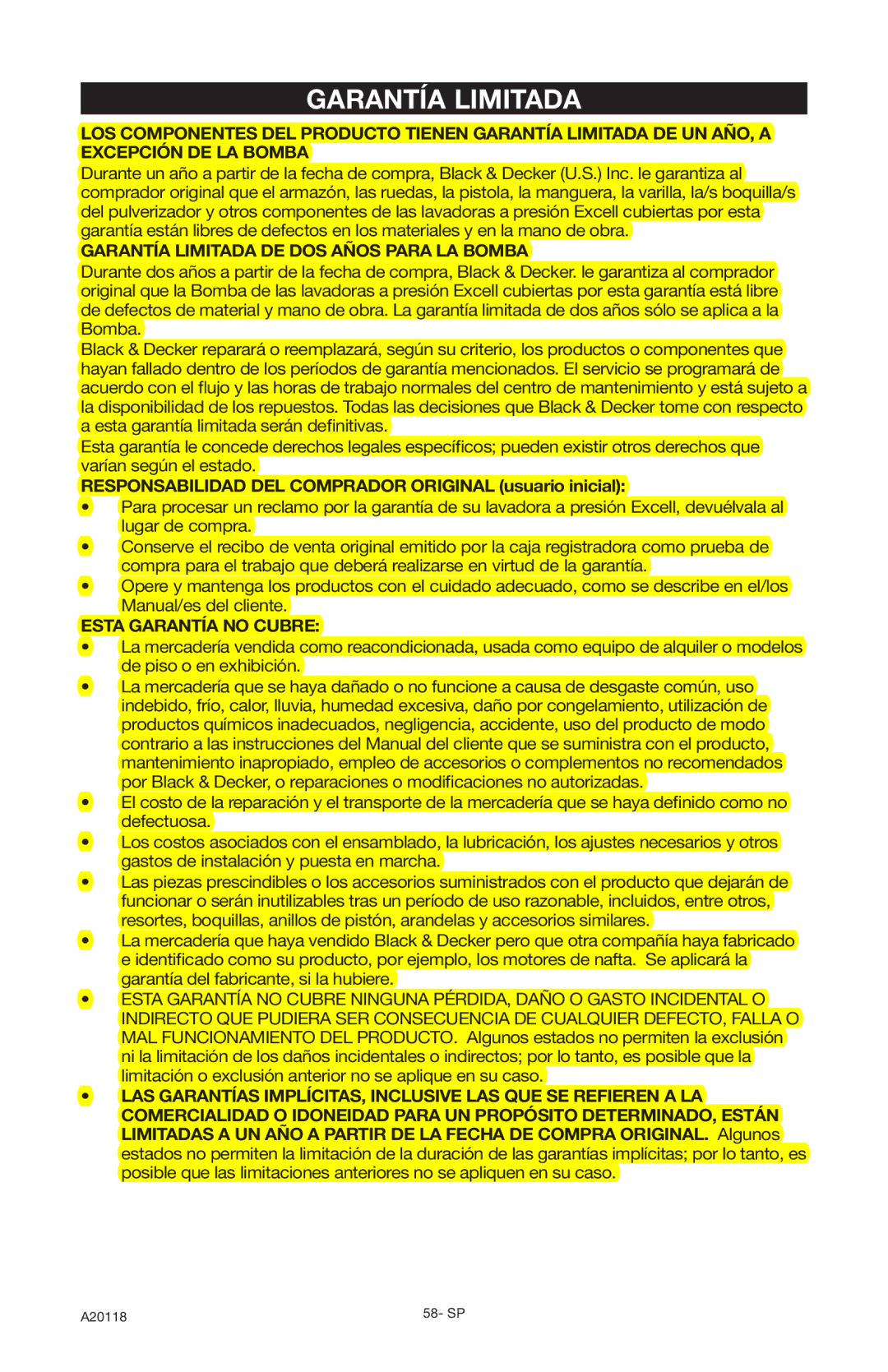 Excello Products Company XC2800 operation manual Garantía Limitada DE DOS Años Para LA Bomba 