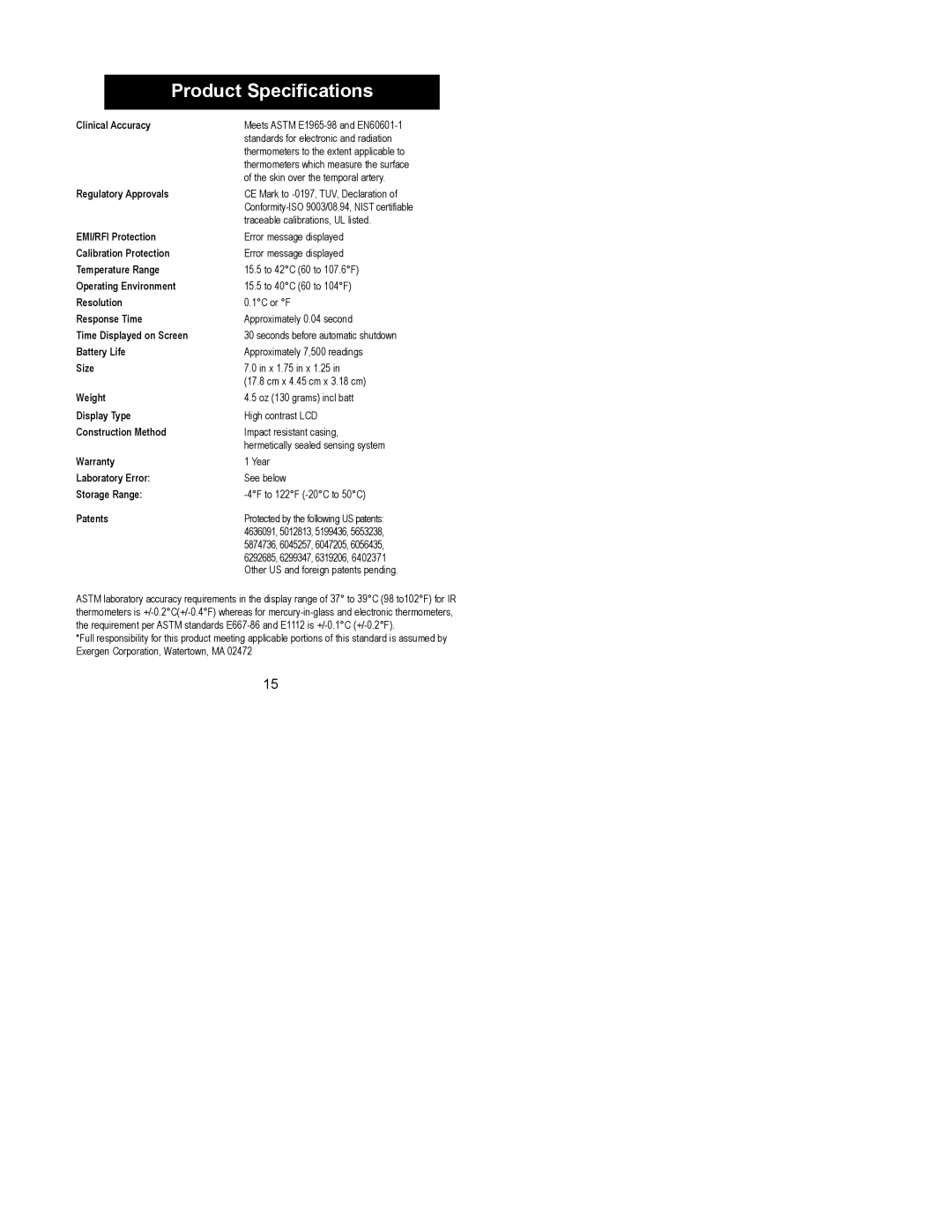 Exergen 2000C manual Product Specifications, Clinical Accuracy 