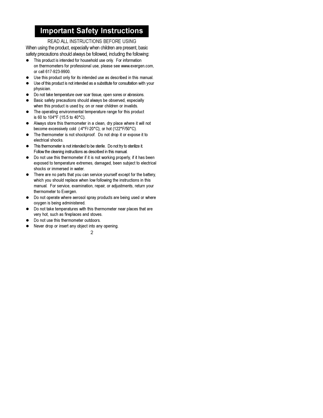 Exergen 2000C manual Important Safety Instructions 