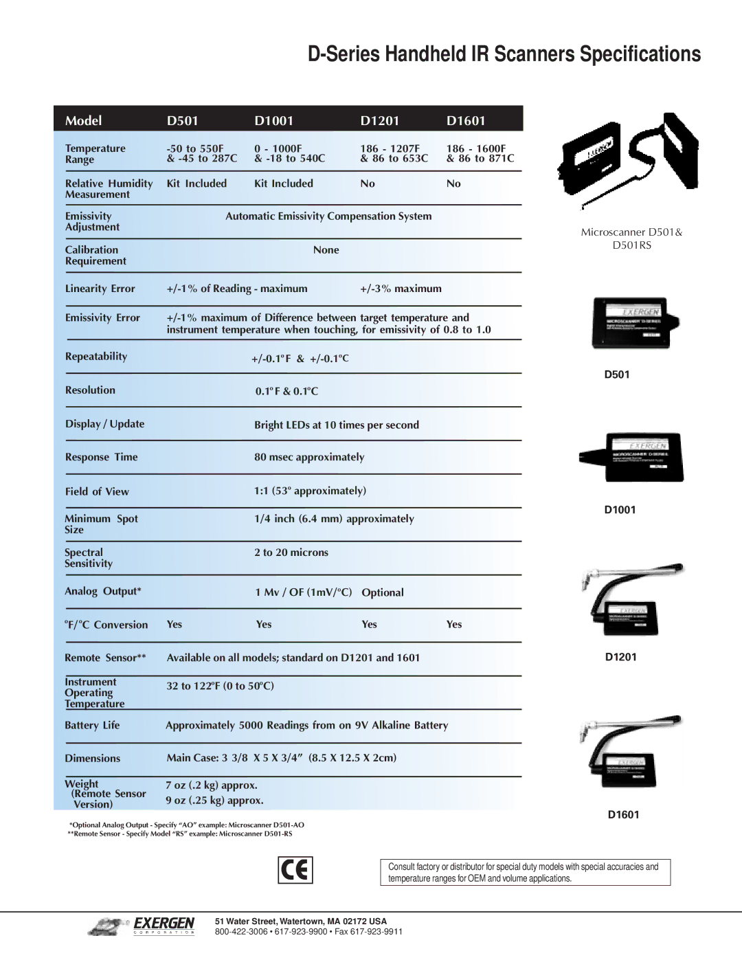 Exergen D-Series manual Series Handheld IR Scanners Specifications 