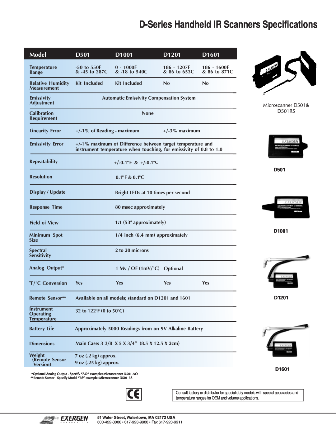 Exergen manual D-Series Handheld IR Scanners Specifications, Model, D501, D1001, D1201, D1601 