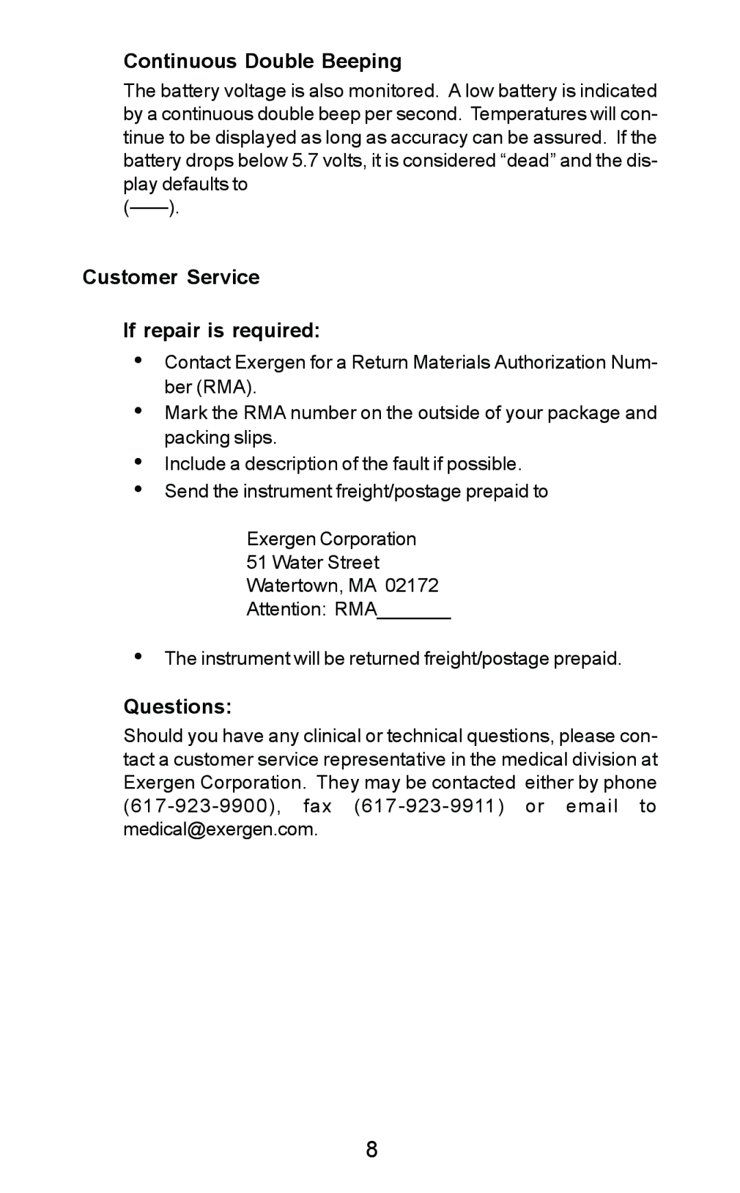 Exergen DT 1001-LN, DT 1001-RS, DT 1001-LT Continuous Double Beeping, Customer Service If repair is required, Questions 