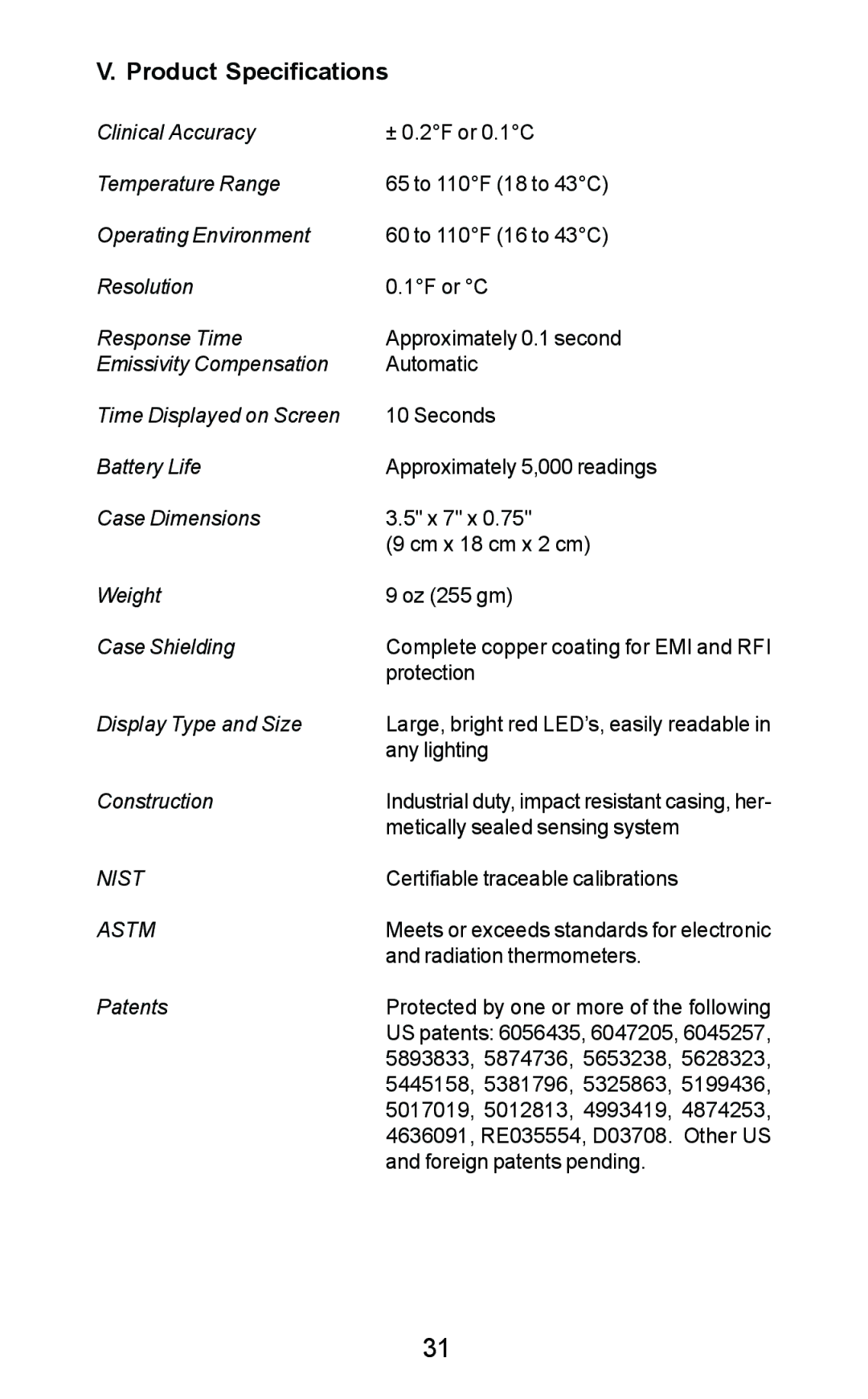 Exergen DT 1001-LT, DT 1001-RS, DT 1001-LN manual Product Specifications, Astm 