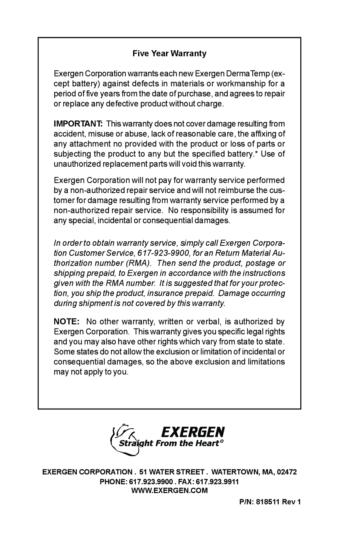 Exergen DT 1001-LN, DT 1001-RS, DT 1001-LT manual Exergen 