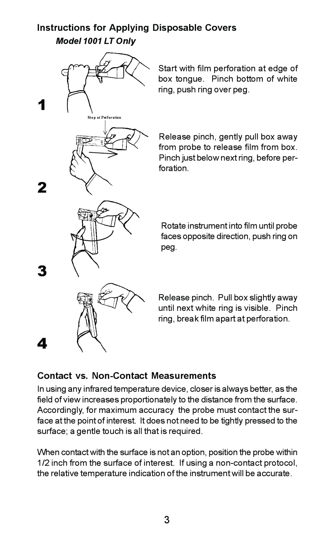 Exergen DT 1001-LT, DT 1001-RS manual Instructions for Applying Disposable Covers, Contact vs. Non-Contact Measurements 