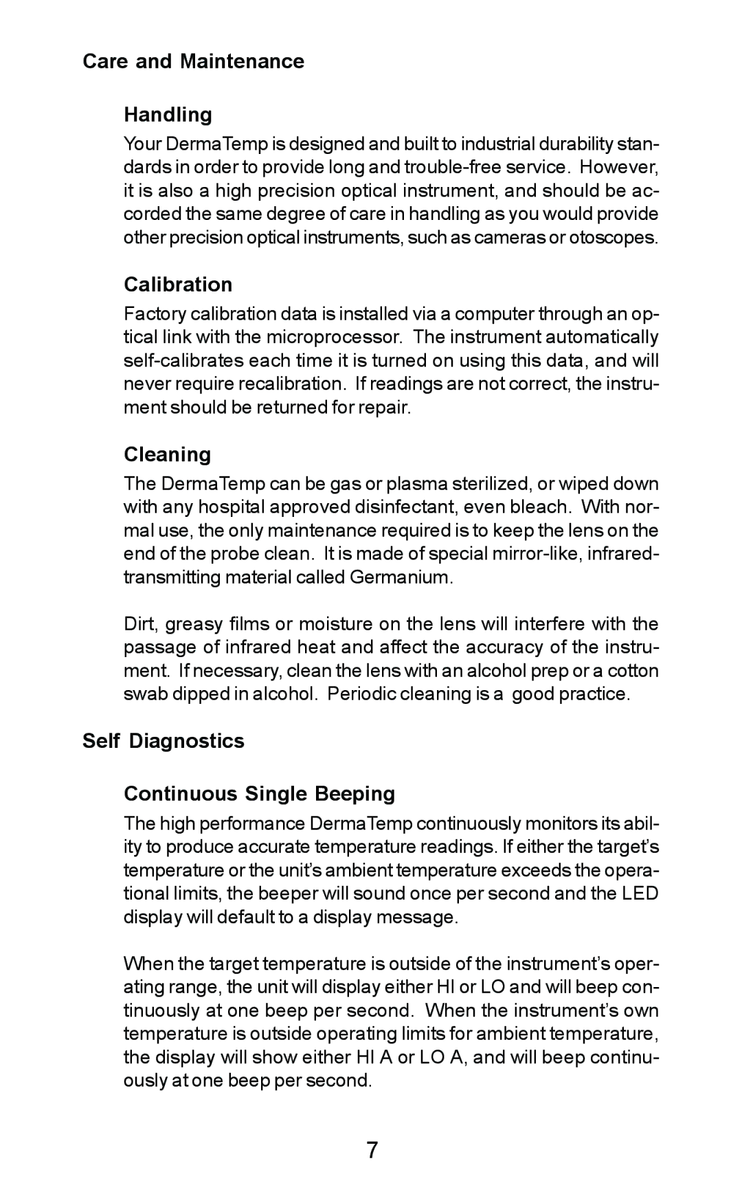 Exergen DT 1001-LT manual Care and Maintenance Handling, Calibration, Cleaning, Self Diagnostics Continuous Single Beeping 