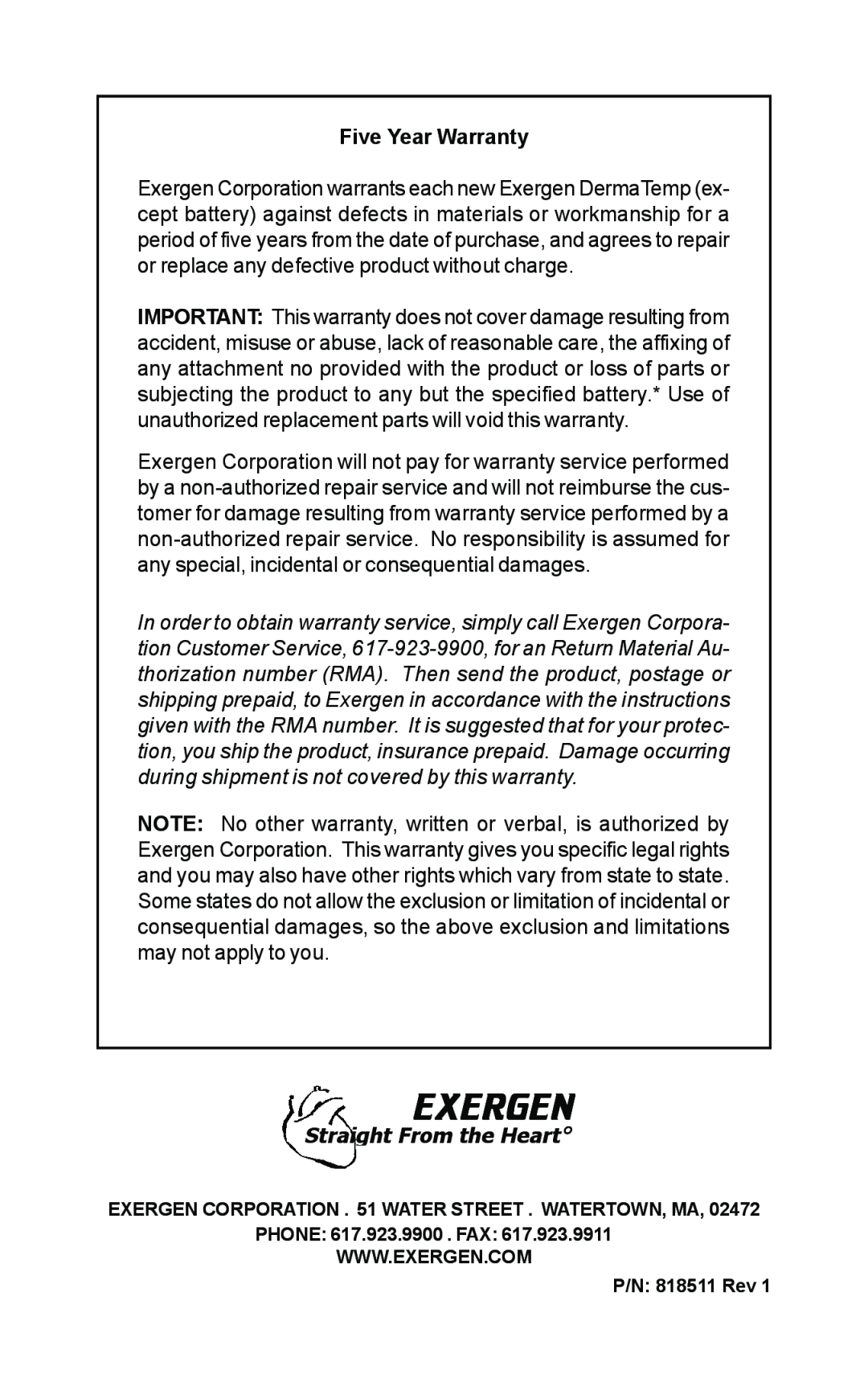 Exergen DT 1001-LN, DT 1001-RS, DT 1001-LT manual Five Year Warranty, Exergen, Straight From the Heart 