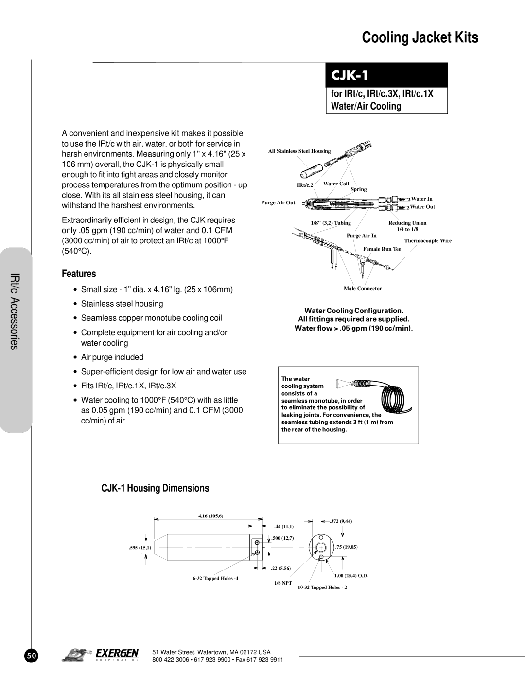 Exergen IRt/c.XMTR manual Cooling Jacket Kits, Features, CJK-1 Housing Dimensions 