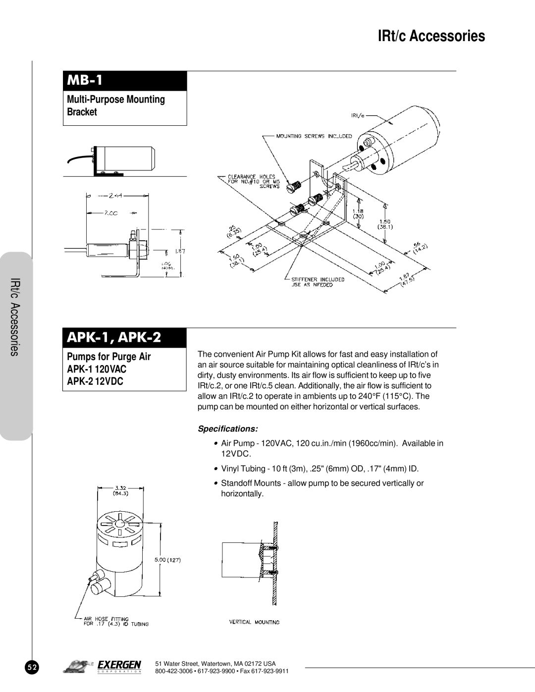 Exergen IRt/c.XMTR manual IRt/c Accessories, MB-1, APK-1, APK-2, Multi-Purpose Mounting Bracket 