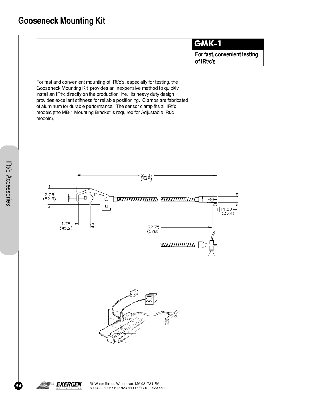 Exergen IRt/c.XMTR manual Gooseneck Mounting Kit, GMK-1, For fast, convenient testing of IRt/c’s 