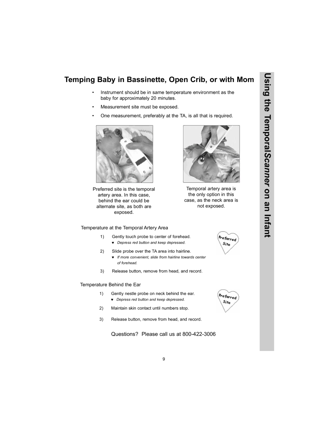 Exergen TAT-5000 manual Using the TemporalScanner on an Infant, Temping Baby in Bassinette, Open Crib, or with Mom 