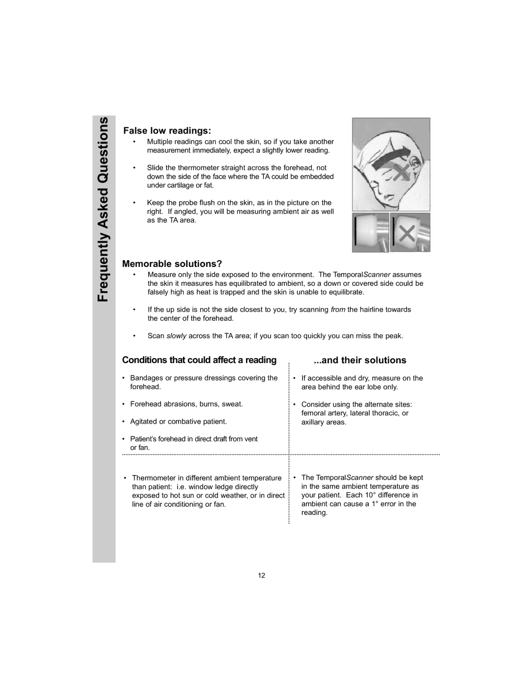 Exergen TAT-5000 manual False low readings, Memorable solutions?, Conditions that could affect a reading, Their solutions 