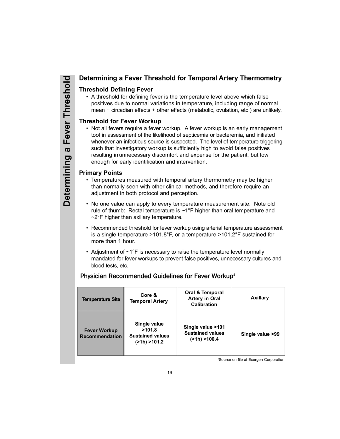 Exergen TAT-5000 manual Determining a Fever Threshold, Threshold Defining Fever, Threshold for Fever Workup, Primary Points 