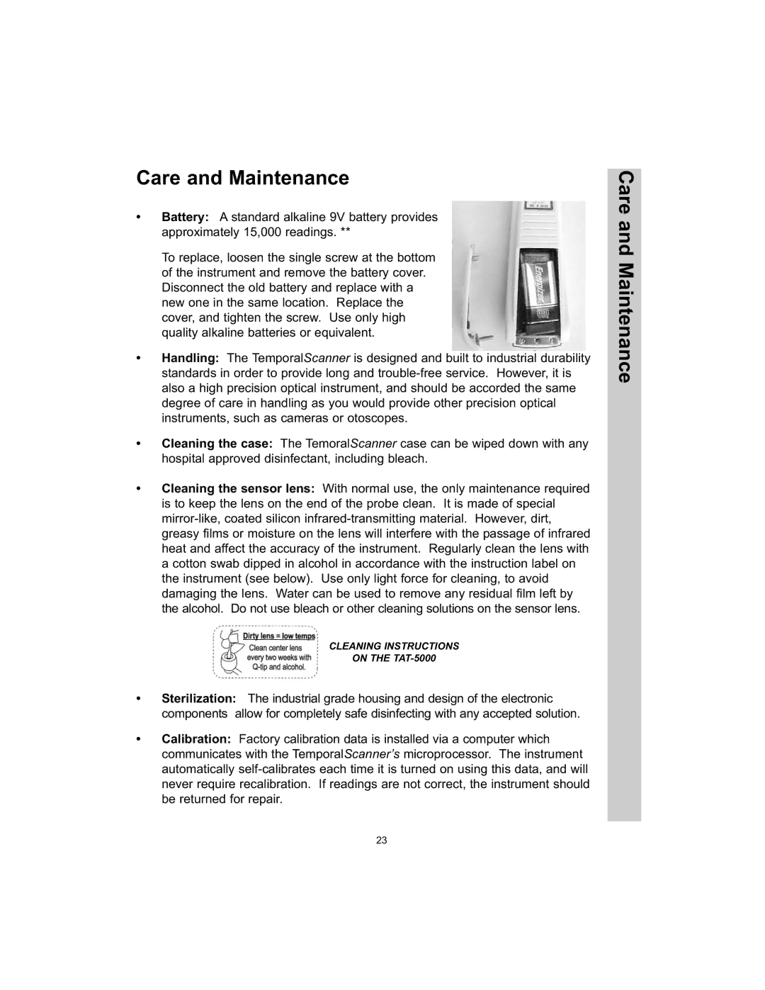 Exergen TAT-5000 manual Care and Maintenance 