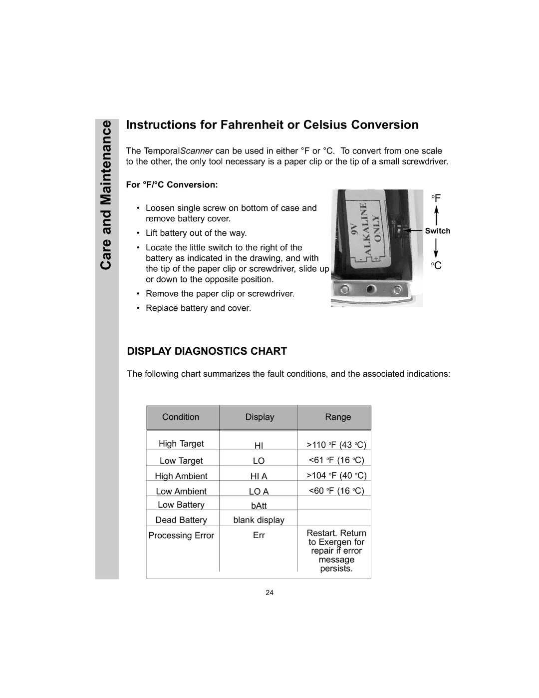 Exergen TAT-5000 manual Maintenance, Care, Instructions for Fahrenheit or Celsius Conversion, For F/C Conversion 