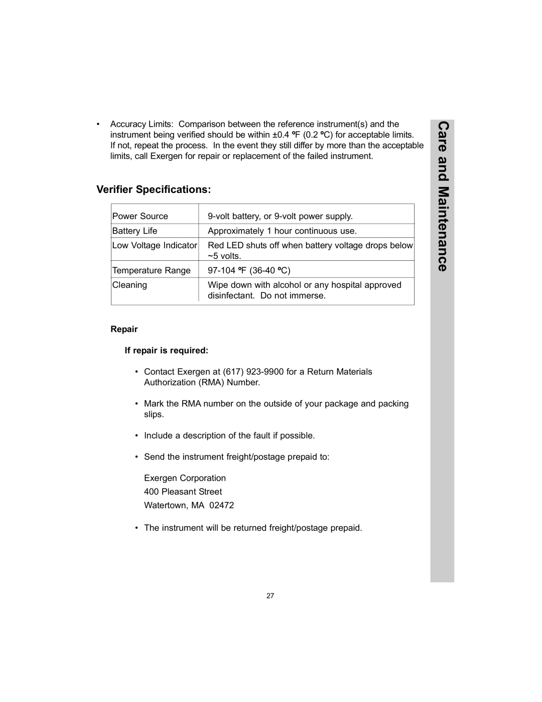 Exergen TAT-5000 manual Verifier Specifications, Repair If repair is required 