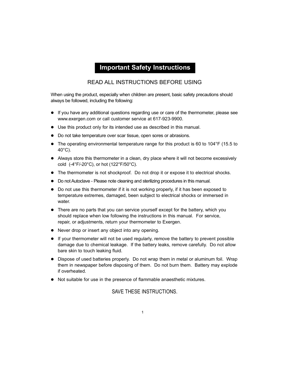 Exergen TAT-5000 manual Important Safety Instructions 