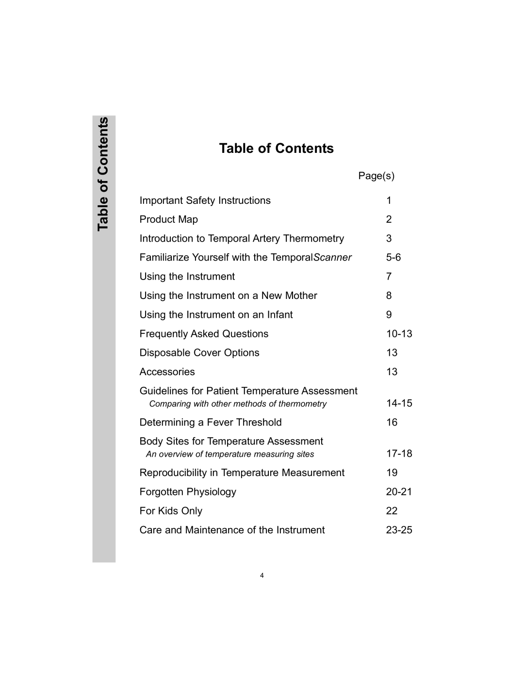 Exergen TAT-5000 manual Table of Contents 