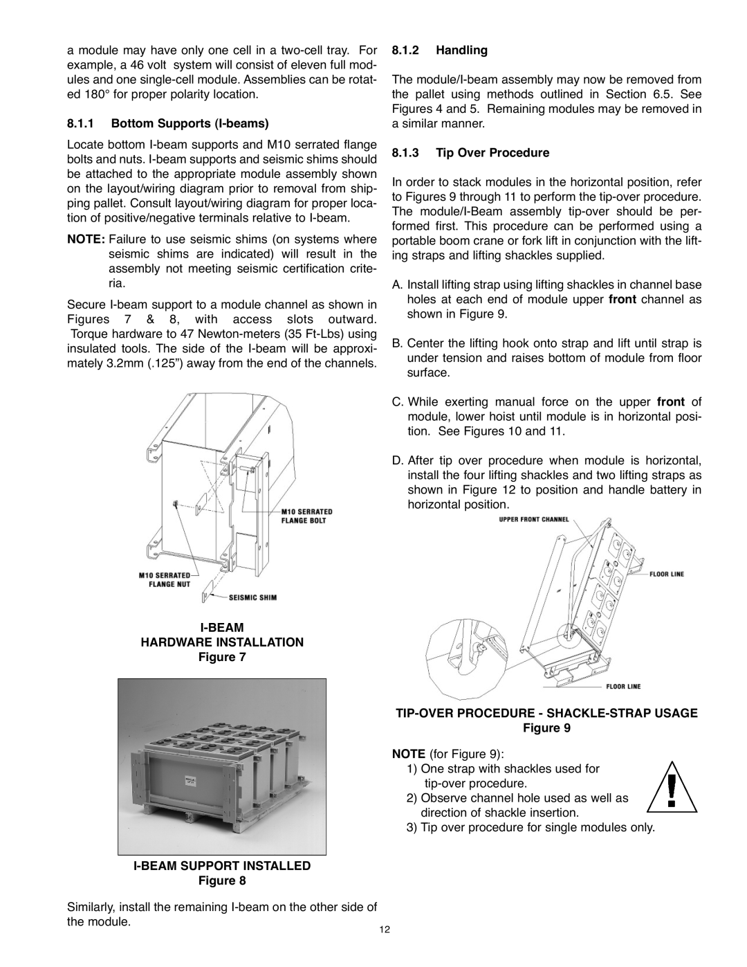 Exide PAR20 manual Bottom Supports I-beams, Beam Hardware Installation Beam Support Installed, Handling, Tip Over Procedure 