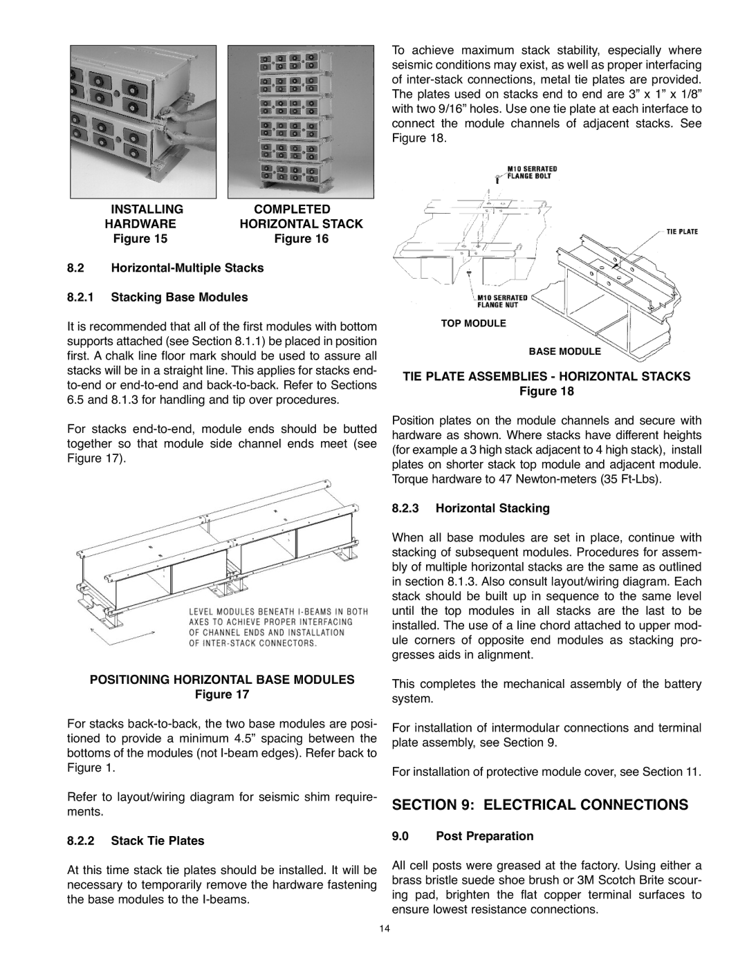 Exide PAR20 Electrical Connections, Installing Completed Hardware Horizontal Stack, Positioning Horizontal Base Modules 