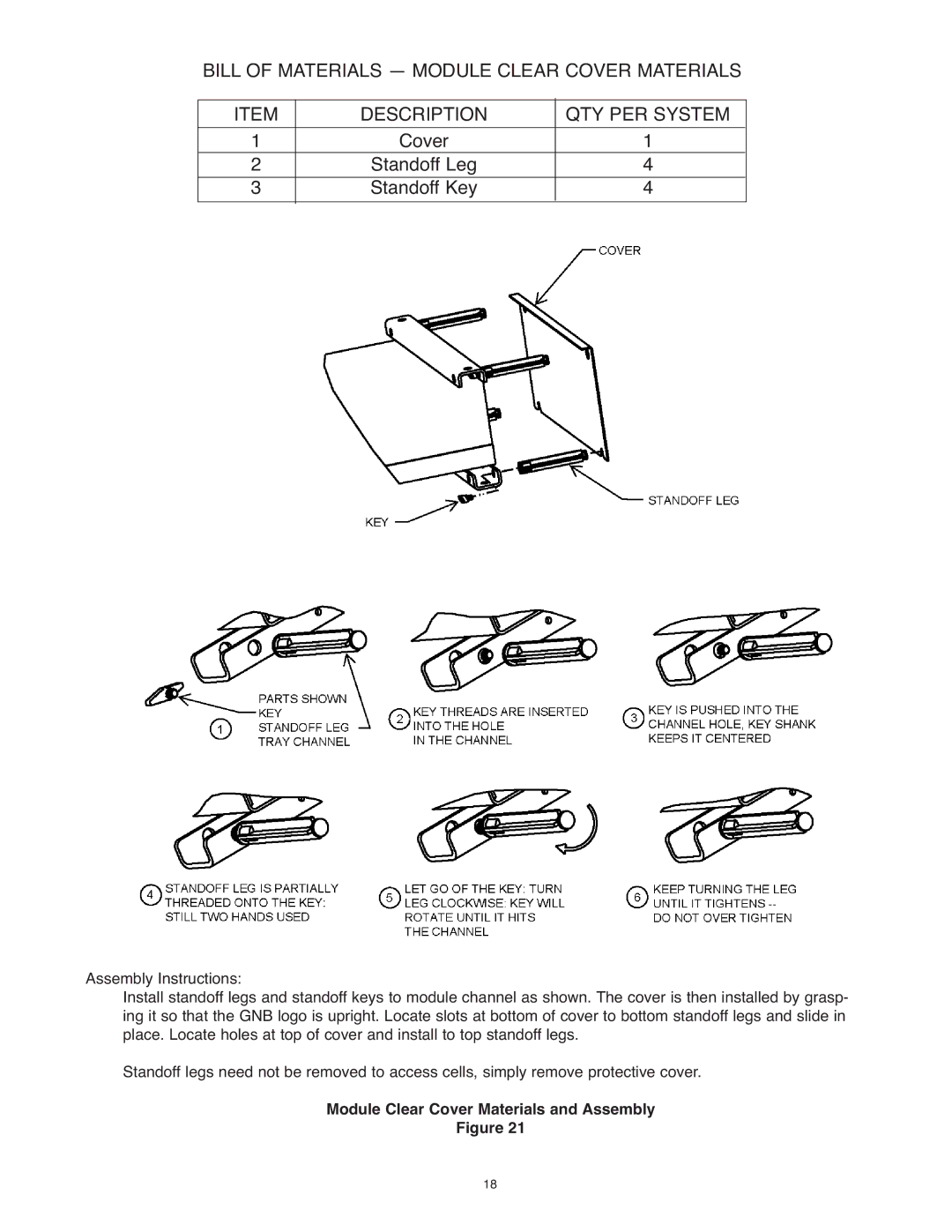 Exide PAR20 manual Description QTY PER System, Module Clear Cover Materials and Assembly 