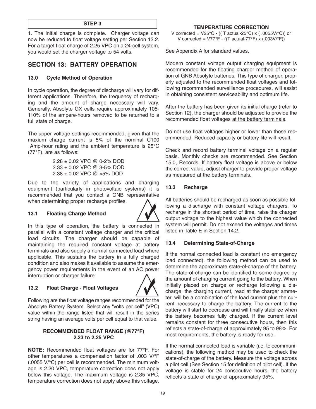 Exide PAR20 manual Battery Operation, Recommended Float Range @77F, Temperature Correction 