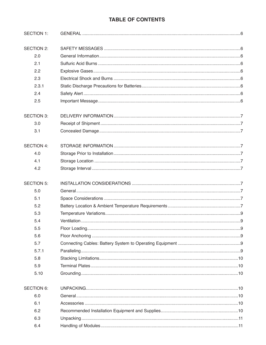 Exide PAR20 manual Table of Contents 