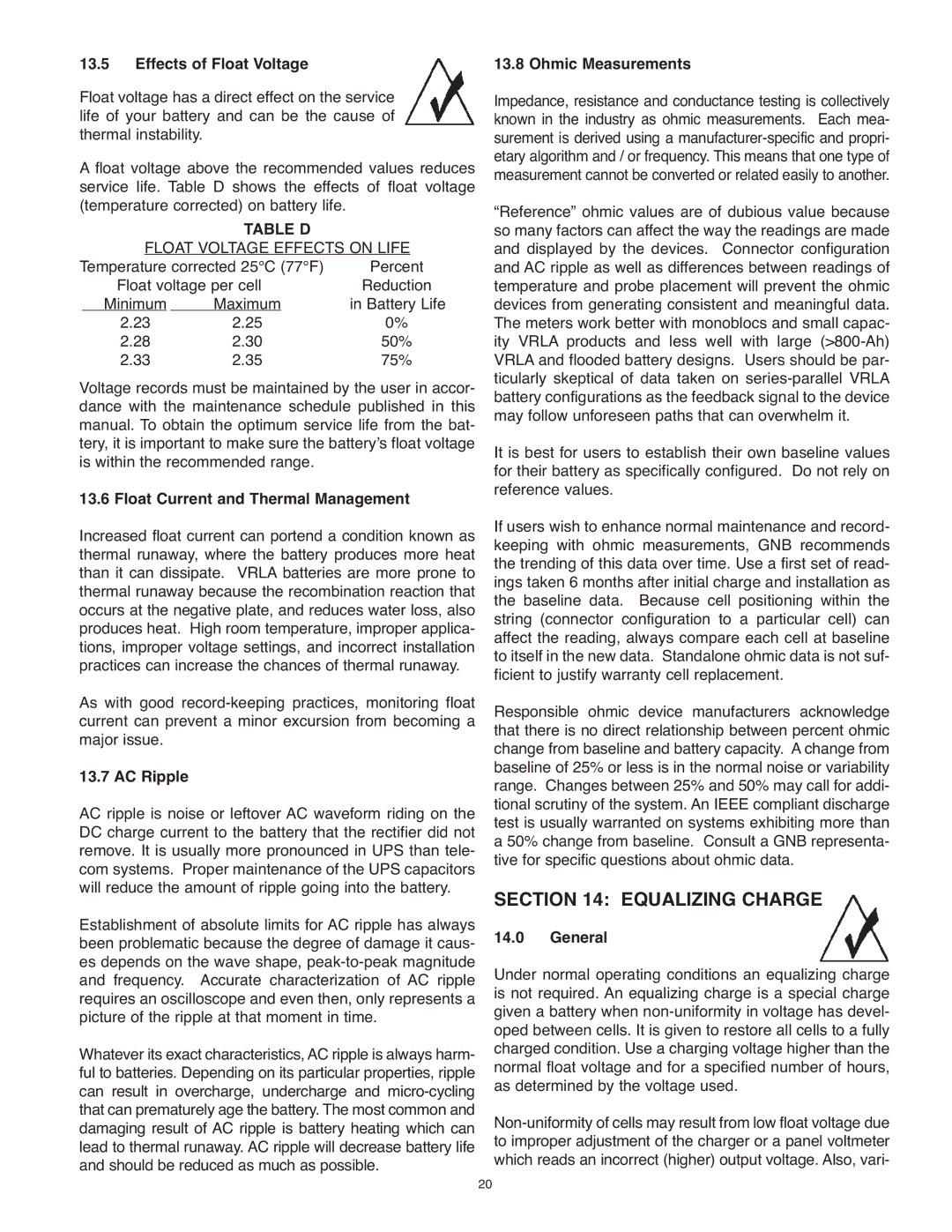 Exide PAR20 manual Equalizing Charge, Effects of Float Voltage, Table D, Ohmic Measurements 