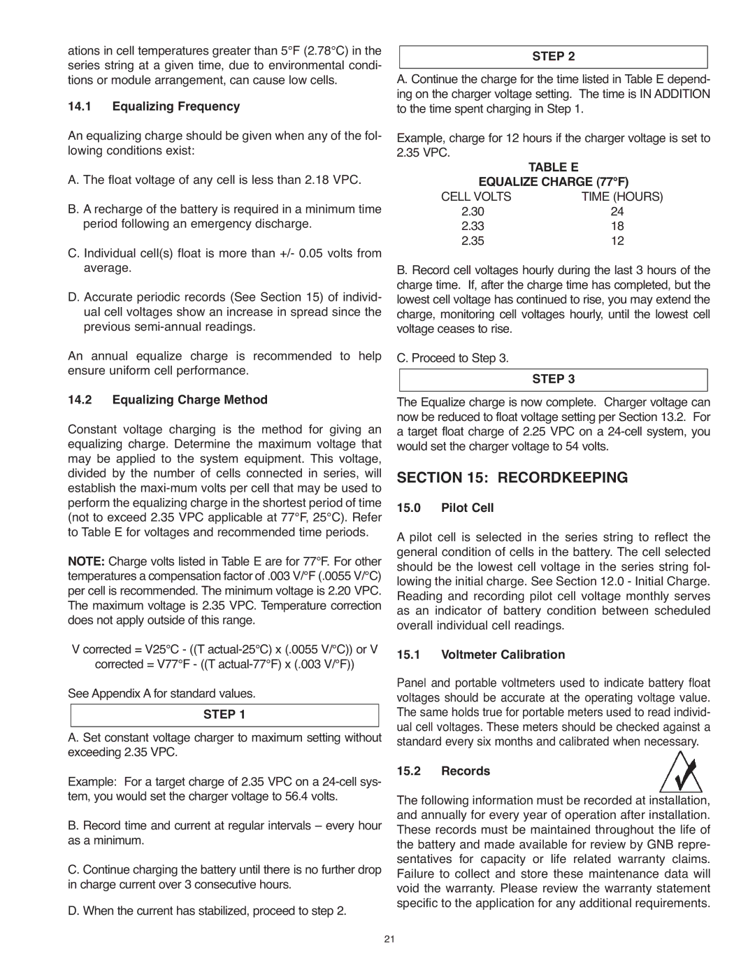 Exide PAR20 manual Recordkeeping, Table E 